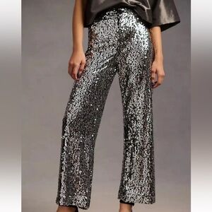 Maeve Anthropologie Colette Cropped Wide-Leg Sequin Pants Silver Cocktail 31